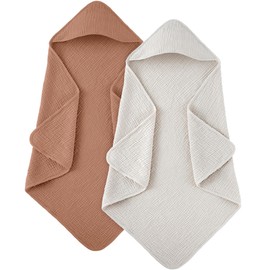 Susurration Muslin Hooded Baby Bath Towels for Newborn Baby, 100% Muslin Cotton Baby Towels for Unisex Baby Boys Girls Infants - 30x30in 2Pack (Caramel&Cream)