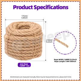 Swpeet 16mm x 49 Feet Jute Twine Braided Natural Jute Rope, Long Twine String Wrapping Packing Gardening Crochet Perfect Arts Crafts Gift Twine Christmas Twine for Craft Projects, Wrapping, Packing