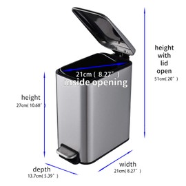 HILFA 5 Liter/ 1.3 Gallon Compact Stainless Steel Rectangular Step Trash can, Bathroom Trash can, Kitchen Trash can,Brushed,SB3200-BR