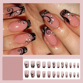 RIICFDD Black French Tip Press on Nails Short Fake Nails Square Acrylic Nails Black Totem Glue on Nails Rhinestone Nail Charms Full Cover Reusable False Nails for Women Nail Decoration 24 Pcs