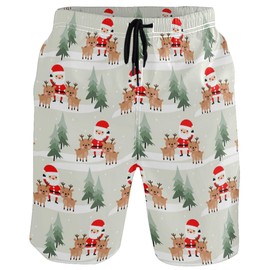 visesunny Christmas Santa Claus and Reindeer Men's Beach Short Swim Trunks Sports Running Bathing Suits with Mesh Lining