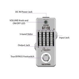 Rowin 5-Band EQ Pedal Electric Guitar Equalizer 100Hz 250Hz 630Hz 1.6kHz 4kHz True Bypass 1/4 Inch Mono Metal Shell Effects Pedal Overload Distortion Delay Reverberation