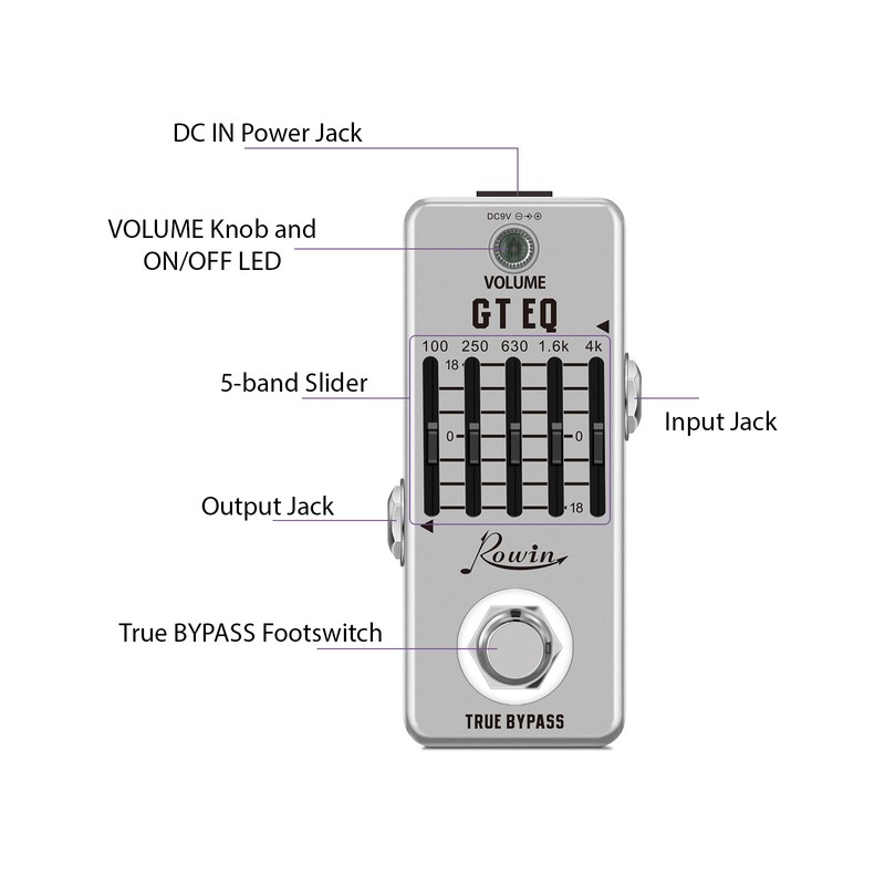 Rowin 5-Band EQ Pedal Electric Guitar Equalizer 100Hz 250Hz 630Hz