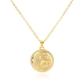 Gold Planet Pendant Necklace for Women 14K Gold Plated Saturn Planet Coin Pendant Necklace Circle Round Moon Star Charm with Shooting Star Necklace Adjustable Chain Party Jewelry Gift for Women Men