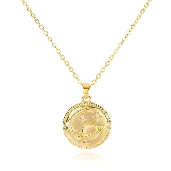 Gold Planet Pendant Necklace for Women 14K Gold Plated Saturn