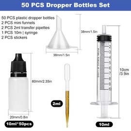 DONQL 50 PCS Plastic Dropper Bottle，Eye Dropper Bottles 10ml, Empty Squeezable Dropper Bottles, Paint Dropper Bottles，Eye Liquid Empty Dropper Bottles with 10ml Syringe 2 Funnels 2 Pipette 2 Label