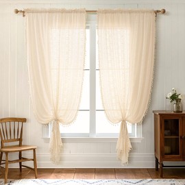 Boho Lace Semi Sheer Curtains 84 Inch Length 2 Panels Set with Tassel Vintage Crochet Sand Beige Light Filtering Sheer Window for Living Room Bedroom Farmhouse Bohemain Home Decor Rod Pocket 54x84