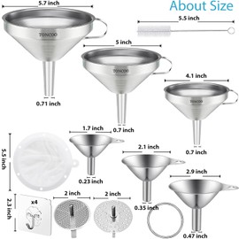 Toncoo 6 Pack Stainless Steel Funnels for Kitchen Use, Food Grade Cooking Funnel with 3 Strainer, Kitchen Funnel Set Metal Funnels for Filling Bottles