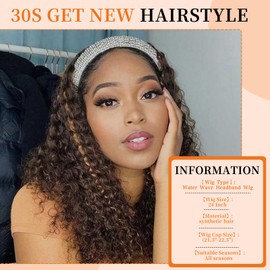 Yacurcur Headband Wigs Deep Wave Curly Hair for Women Synthetic 150% Density Honey Blonde Highlight 24 inch (4/27）