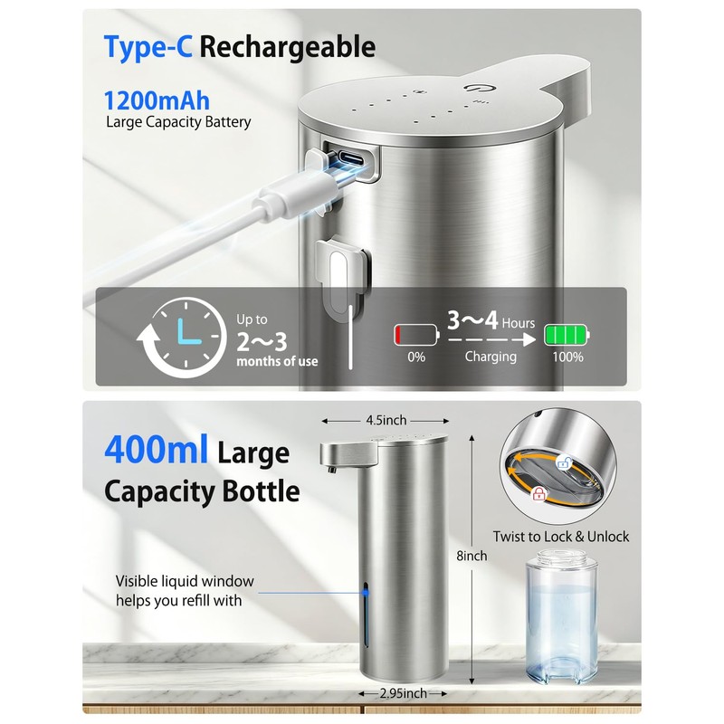 Touchless Automatic Liquid Soap Dispenser, Stainless Steel, Rechargeable
