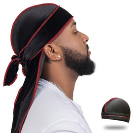 Velvet Durag for Men Wave Cap Velvet Dorag for Men Women 360 Wave (Black Fabric with red Seam)