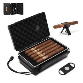 Zigarren-Reisehumidor für 5 Zigarren (50RG), Tragbares Komplett Set mit Schneider, Ständer, Hygrometer und Befeuchter, Geschenk-Set für Zigarren-Liebhaber (Schwarz)