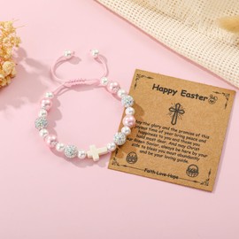 VULETO Easter Basket Stuffers Gifts for Girls, Pearl Beads Charm Cross Kawaii Bracelet Happy Tween Easter Basket Essentials Christian Religious Catholic Jewelry Gifts for Teens Teenage Kids Daughter Granddaughter Nieces Her Age