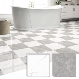 ZRJT 20-Pack 20 Sq.Ft Peel and Stick Floor Tiles Vinyl Polish Pattern Flooring, 12” x 12” Self Adhesive Vinyl Flooring DIY for Kitchen, Bathroom, Laundry, Polish Light Grey&White Marble