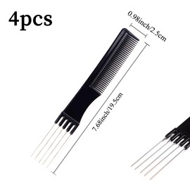 HZAOPZE 4 Pieces Hairdressing Handle Comb, Fork Comb, Hairdressing Handle Comb with 5 Metal Forks, with Skewer Duck, Styling Comb, Hair Comb, Teasing Combs for Hair Stylists, Barbers, Family Salon, Black