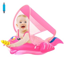 Baby Swimming Float 6-12-18-36 Months with UPF50+ Sun Canopy & Safety Bottom Support | Inflatable Pool Float for Newborns 3-36 Months | Adjustable Seat, Secure Swim Ring for Toddlers