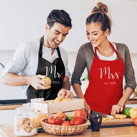 Prazoli Mr Mrs Established 2025 Mr And Mrs Aprons - Wedding Gifts For The Couple/Anniversary Presents - Couples Gifts For Him And Her, His And Hers Funny Apron Red & Black