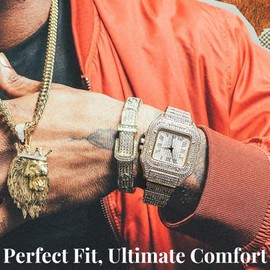 richhut Diamond Watch for Men Guys Iced Out 20MM Wide Wristband 18k Real Gold Plated, with Blue Diamond Cuban Link Chain 8", Gift for Boyfriend Husband