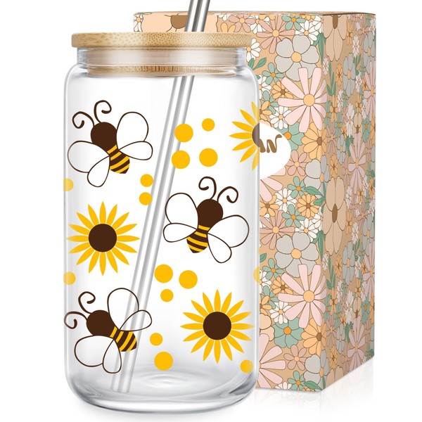LEADO Bee Gifts, Bee Themed Gifts, Sunflower Gifts for Women - Iced Coffee Cup, Cute Glass Cup with Lid & Straw - Honey Bee Gifts, Aesthetic Gifts, Valentines, Birthday Gifts for Bee Lovers
