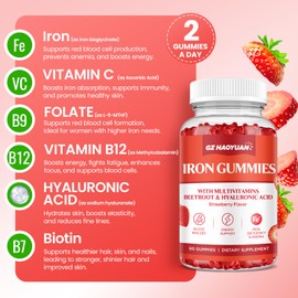 Iron Gummies for Women & Kids - Iron Supplement Gummies with Multivitamin for Blood Builder, Energy, Iron Deficiency & Anemia - Sugar Free Vegan Iron Gummies Strawberry 60 ct