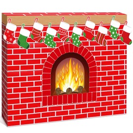 Fullhawl 47 Pcs 3D Christmas Cardboard Fireplace 39 X35 Inch DIY Christmas Artificial Fireplace with Stocking Fire Flame Wood Grain Cutout Garland Fire Place Backdrop for Xmas Decoration(Red Brick)