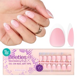 Beetles French Tip Press On Nails: 210 Pcs Pink Ultra-Short Almond Press On Nails 4-in-1 Gel Nail Tips, Pre-Applied Primer & Base Coat, No Filing Needed, DIY Manicure for Christmas Xmas Gifts New Year