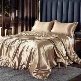 Famanti Bedding Luxury Satin Duvet Cover - Soft Satin Queen Set, 3 Pcs Luxury Silky Sheets, Silk-Like Smooth and Wrinkle Resistant,Queen Size, Zipper Closure, Women's Gift (Champagne, Queen 90"×90“)