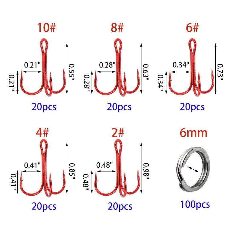 UperUper 200 Pack Fishing Treble Hooks Kit High Carbon Steel