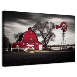 Vintage Farmhouse Windmill Wall Art Red and Black Old Barn Wall Decor Living Room Countryside Landscape Canvas Print Picture Country Farm Framed Painting Modern Artwork Kitchen Home Decorations 16x24”