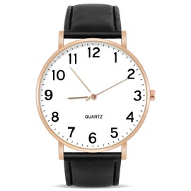 OFFCUP Men's Analogue Quartz Watch with Leather Strap, Minimalist Watch for Men with Large Dial, Classic Business Watch, Easy to Read, White Dial - Rose Gold Case, Strap.