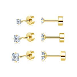 3 Pairs Silver Gold Stud Earrings for Women Men, Hypoallergenic Small Square Cubic Zirconia Titanium Surgical Steel Stud Earrings Set, Helix Tragus Cartilage Sleeper Screw Flat Back Earrings 3/4/5mm