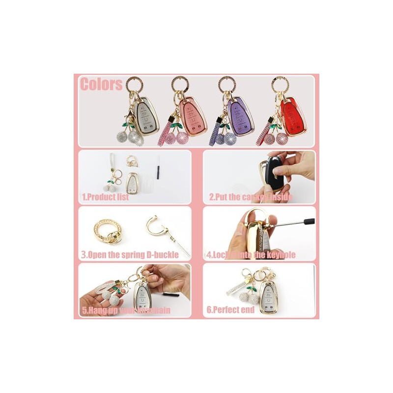 Sparkly Gold Pink Key Fob Cover with Cherry Keychain for