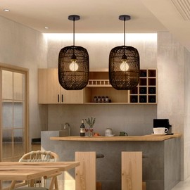 Arturesthome Black Rattan Pendant Light Fixture, Farmhouse Natural Boho Chandelier Ceiling Lighting, Retro Wicker Hanging Lamp for Kitchen Island