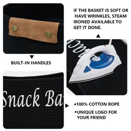 Xbopetda Snack Organizer for Pantry Shelf, Black Cotton Rope Snack Basket with Handles, Snack Bin Snack Storage for Storing Chips, Pretzels, Cookies, Popcorn, Snack Bar Station Kitchen Organization