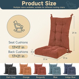 Rocking Chair Cushion with Seat/Back Cushion with Ties for Indoor Rocker，Tufted Cushion Anti-Slip Back Cover for top and Bottom with tie (Burgundy, 21 * 17/17 * 17)