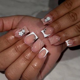 MERVF Square Press on Nails Medium Fake Nails White French Tip Glue ons with Flower 3D Design Acrylic Nail Supplies Art DIY Squoval Manicure 24pcs Glossy