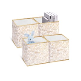DAMAHOME Collapsible Storage Cube Bins - Fabric Cubby Organizer,Gold Flower Decorative Shelf Basket Dual Handles,11 Inch Metallic Box For Nursery/Home Office/Closet/Kids Room/4-Pack(Flower Gold)