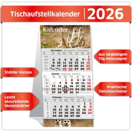 PRIMUS PRINT Table Standing Calendar 2026-3 Monthly Calendar for Standing - Desk Calendar, Standing Calendar - 95 x 194 mm, 70 g Natural Paper, Includes Date Slider [Single - Meerkat]