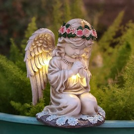 Estatuas de jardín para exteriores, 3 luces LED solares de ángel rezando, luz decorativa, estatua de hadas de resina impermeable, luz solar para patio, balcón, patio, césped, regalos para mamá