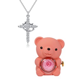 Preserved Flower Bear Rotating Gift Box - Cute bear gift box and exquisite cross, romantic gift suitable for birthdays, Valentine's Day and Christmas gifts (Pink box+Silver neclace)