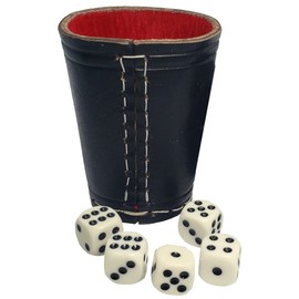 Cyber-Deals Genuine Leather Compact Dice Cup + Dice with Black Velvet Storage Pouch (Black w/Red Lining Cup, Ivory Tone Pip Dice)
