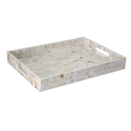 PEMAR Rectangular Mother of Pearl Serving Tray Nacre Wood Lap Tray Coffee Table Ottoman Tray w Insert Handles, Luxury Decorative Handmade Eating Tray (Milano)