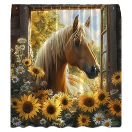 Horse Shower Curtain Rustic Sunflower Horse Farmhouse Animal Nature Western Country Wooden Board Window Fall Spring Plant Vintage Funny Bathroom Fabric Bathrom Curtain Set with Hook