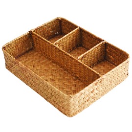 Auch Baskets for Organizing, Tea Bag Sugar Packet Holder, Coffee Station Condiment Organizer, Seagrass Storage Basket, Wicker Rattan Divided Basket Organizer for Drawer Shelf Countertop