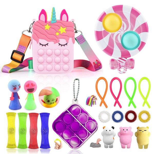 Fidget Toys Pack,Fidget Toy Set 20 Pack,Unicorn Fidget Bag for Girls,Sensory Toys for Autism,Poppet Fidget Toy Anxiety Relief for Kids or Adults,Fidget Fun Pack as Gifts on Weekdays,Holidays,Birthdays