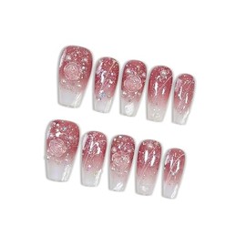 Medium Ballet Press On Nails,Handmade Soft Gel Winter Fall Fake Nails in Camellia Gradient Pink Gypsum Pearl Design, Full Cover Thick Acrylic False Nails for Women 10PCS Tools Kit(Size S)