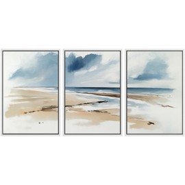 SIGNWIN Framed Canvas Print Wall Art Set Coastal Beach Horizon Blue and Tan Seascape Illustrations Modern Art Decorative Boho Relax/Zen Nordic for Living Room, Bedroom, Office - 24"x36"x3 White
