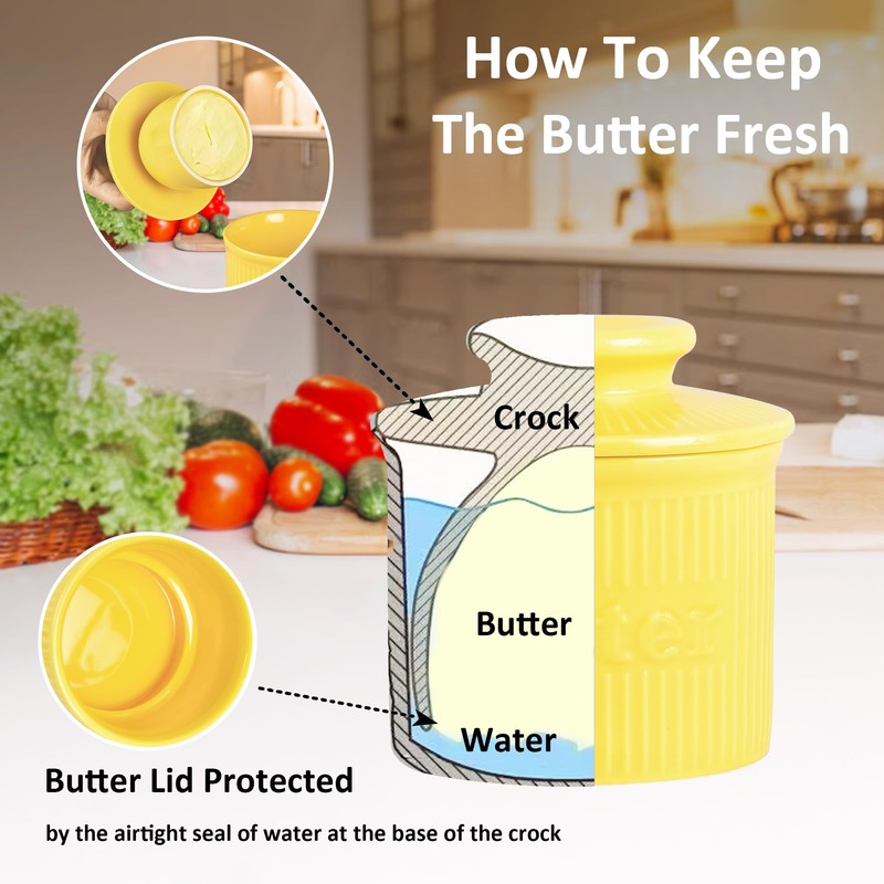 Yellow French Butter Holder with Water Line for Table and
