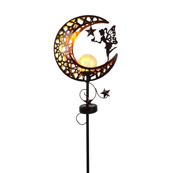 Garden Solar Lights Outdoor Decoration - Moon Fairy with Angel Decor Crackle Glass Ball Metal Solar Stake Lights - Waterproof LED Lights for Yard,Lawn,Patio or Courtyard - [Hollow-Carved]