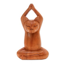 NOVICA Brown Natural Grain Suar Wood Yoga Pose Meditation Sculpture, 7.5" 'Toward The Sky Brown Yoga Cat'